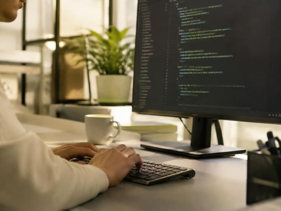 Developer writing code at a monitor in a softly lit workspace