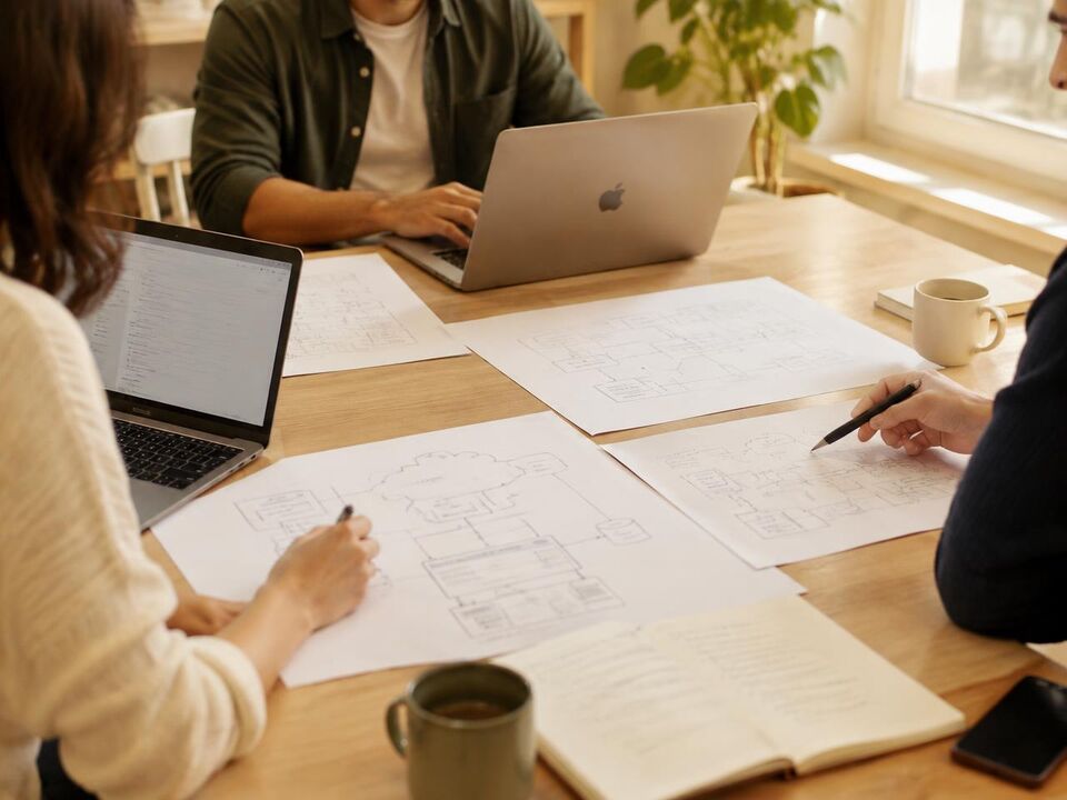 Team reviewing system diagrams on paper around a table with laptops